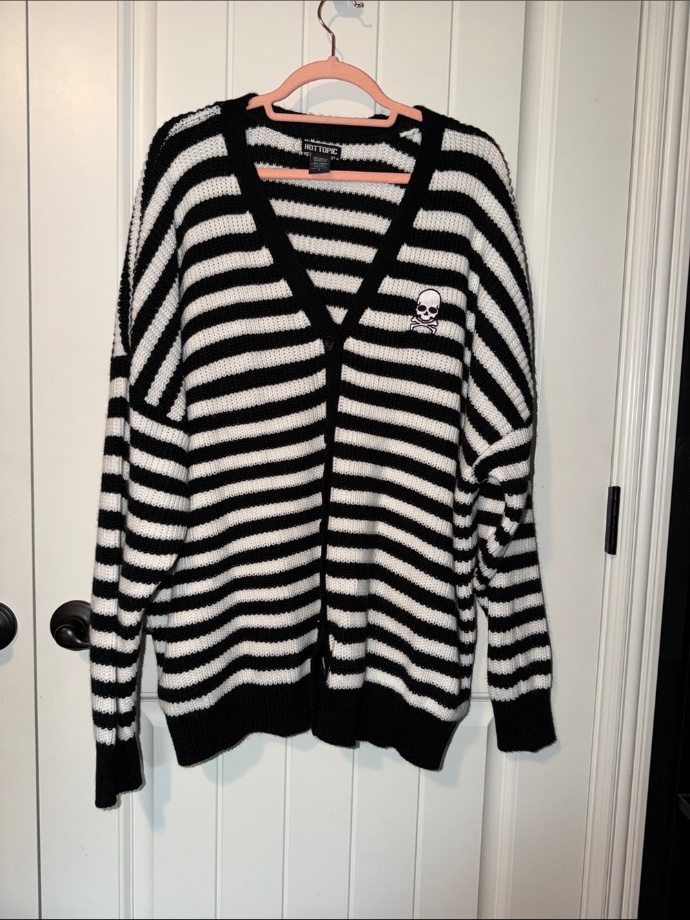 Hot Topic Black & White Striped Button-Up Cardigan with Skull Emblem